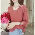 Women fashion hole V-neck pullover knit sweater loose mid-sleeve top chic blouse