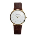 Mens Quartz Gold Leather Watch Brown Band Thin Analog Wrist White Simple Band