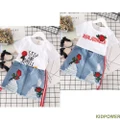 RWR-2018 HOT Baby Girls Rose Printing T-Shirt Short Sleeve +Denim Ripped Dress