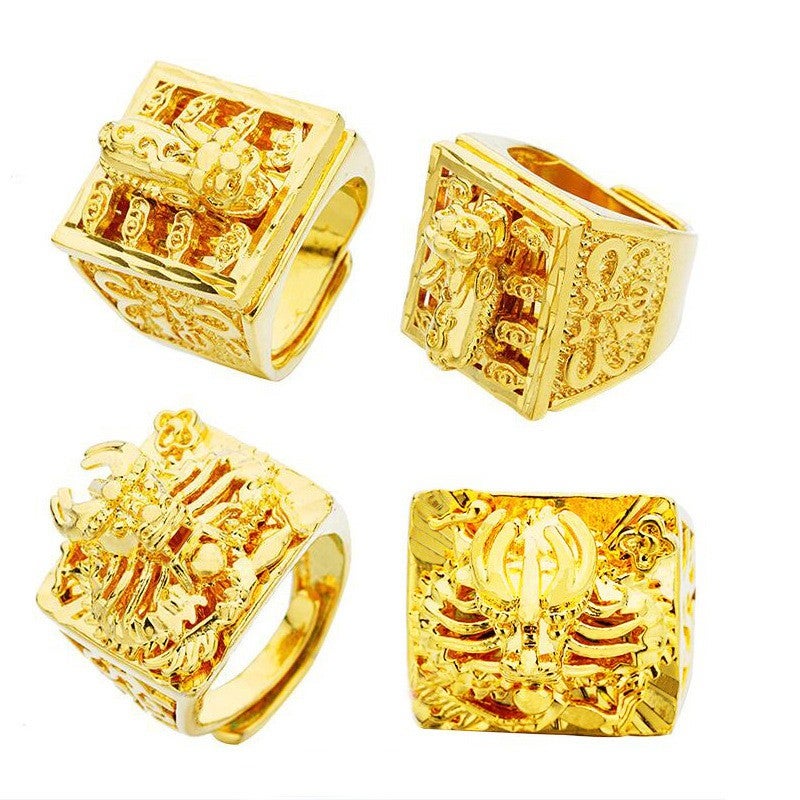 AKOKO Men Opening Rings 24k Gold Plated Dragon Pixiu Boyfriend Father Gift