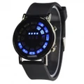 Silicone Band Round Mirror Dial Blue LED Light Wrist Watch (Black)
