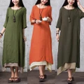 Women Cotton Linen Vintage Dress Split Irregular Hem Boho Long Maxi Dresses