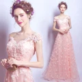 BEAUNIQUE Evening Off-Shoulder Pink Floral Petal Satin Belt Maxi Dinner Dress