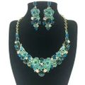 Flower Stone Crystal Design Jewelry Necklace Earrings Set (Blue)