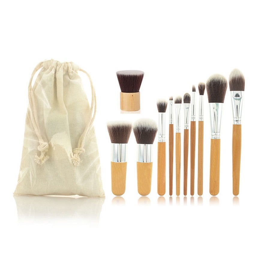 Soft Fibre Nylon Bamboo Makeup Brush Kit With White Bag 11 PCS
