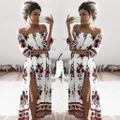 Sexy Women Boho Beach Floral Print Neck Off Shoulder Long Maxi Side Split Dress