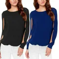 Blue Plus Size Long Sleeve O Neck Solid Chiffon Blusas Casual Loose Blouses Top