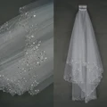 2 Layers Sequins Bride Elbow Beaded Edge Pearl White Ivory Bridal Wedding Veil