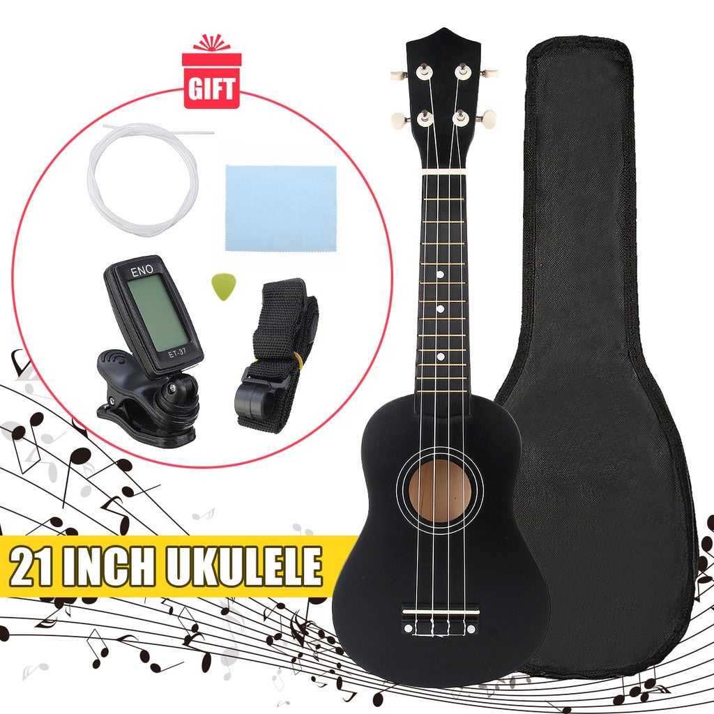 21" Economic Soprano Ukulele Uke Start Pack With Gig bag, Strings,Tuner, Black