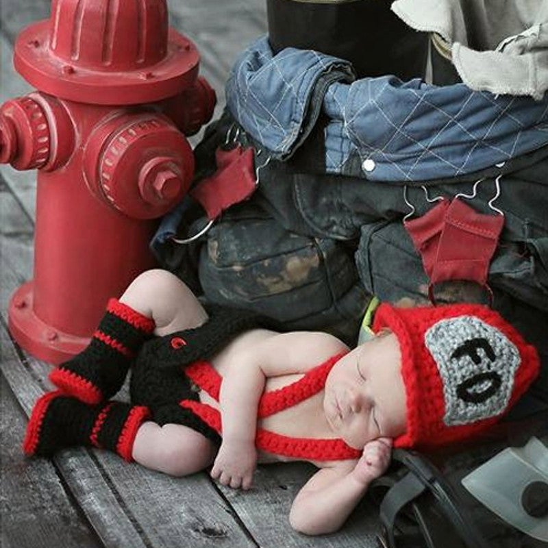 Newborn Baby Photography Prop Crochet Knitted Firefighter Fireman Hat Pant Shoes