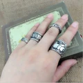 Ifone Women Bohemian Retro Carved Silver Elephant Totem Leaf Lucky Ring Set