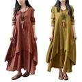 Women Casual Loose Dress Solid Cotton Linen Boho Long Maxi Dress plus size