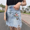 Embroidery High Waist Ripped Skirt