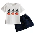 Fashion Child Girls Cloth Sets Casual Summer Print T Shirts+Jeans Skirts 2PCs