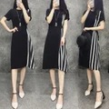 Women's Fashion New Short Sleeve Black and white Stripes Slim Casual Dress