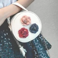Women PU Leather Round Shoulder Bag Flower Printed Tassel Handbag Crossbody