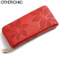 Genuine Leather Floral Women Wallets Large Long Zipper Purse Phone Pouch