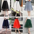 Women Floral Mesh Long Puff Skirt High Waist Skirts Summer