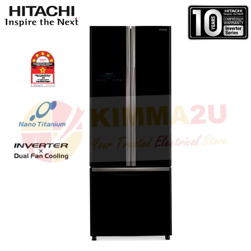 HITACHI R-WB490P2MGBK 456L INVERTER 3 DOOR GLASS FRENCH BOTTOM FREEZER FRIDGE