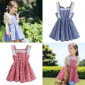 Summer Girls Plaid Elastic Dresses Fly Sleeve Princess Clothes Lace Dress