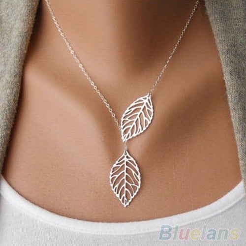 Women's Simple 2 Leaves Choker Collar Statement Pendant Necklace Jewelry