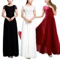 Women Formal Dress Lace Ankle-Length Wedding Short Sleeve Loose Chiffon Dress