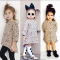 Fashion Baby Kids Girls Casual 3/4 Long Sleeved Leopard Cotton Short Dress 0-5Y