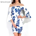 2017 New Blue Off Shoulder Dress Printed Dress Summer Short Sleeve Sexy Dress
