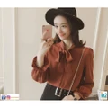 Woman Ribbon Chiffon Blouse Long Sleeve Casualwear OL Officewear Korean Brown Top Ribbon Style