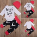 3pcs Toddler Newborn Baby Boys Girls Cotton Romper+Pants+Hat Outfits Clothes