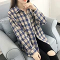 Hitz Plaid Shirt sleeved loose coat female small Korean all-match student