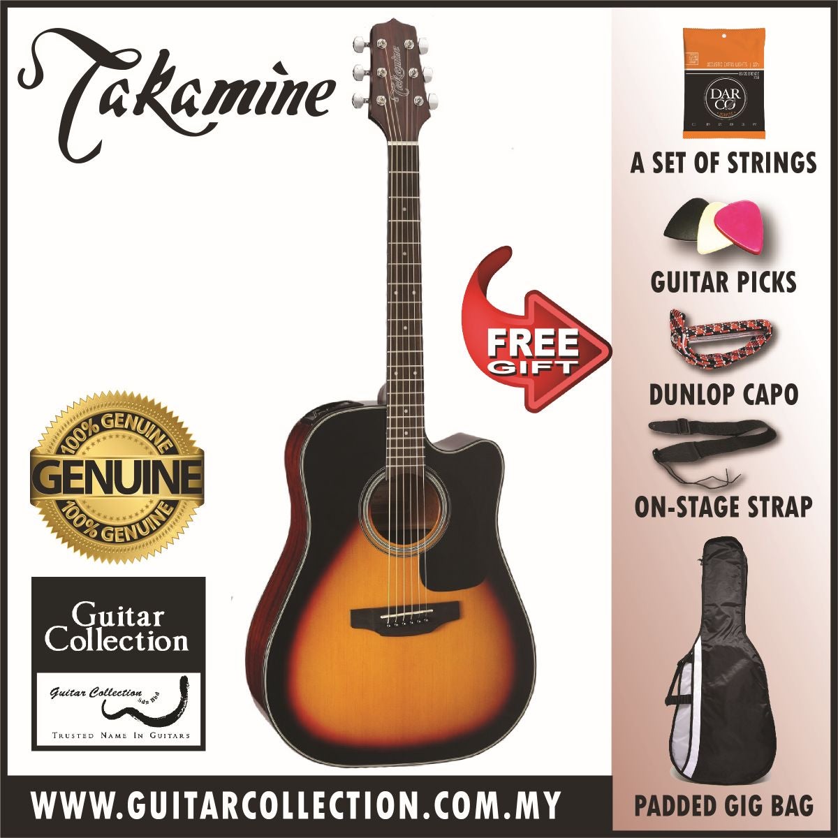 Takamine ED2DC BSB | Dreadnoght Cutaway Spruce Top Semi Acoustic Guitar TP4T Preamp(Free Strings,Picks,Capo,Strap&Bag)