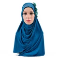 Muslim Flower Zicron Scarf Kerchief Hat Navy blue