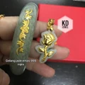 Gelang Jade Hijau Pekat Bunga Mekar Emas 999 Nipis + Loket Jade Bunga Rose