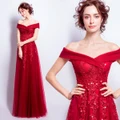 Red lace beading boat neck princess bridesmaid banquet party ball dress gown