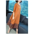 Loose Fit Knitted Stitching Flowers Printed Round Neck Long-sleeved Midi Dress