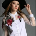 Women tops fashion mesh long sleeve embroidery printed plus size chiffon blouse