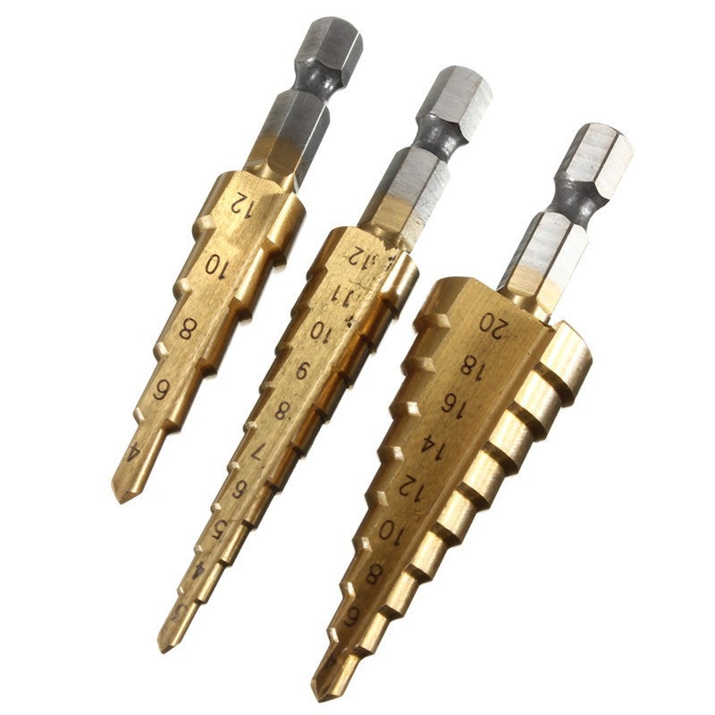 3pcs HSS Titanium Coated Step Drill Bit Metal 3-12mm 4-12mm 4-20mm Cone Cut