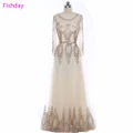 Champagne Long See Through Sexy Tulle Embroidery Beaded Mother Evening Dresses