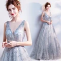 Beaded grey long annual performance host dress wedding dress party gown