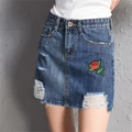 Women Floral Embroidered Jeans Skirts A-Line Fashion Casual Ripped Hole Skirts