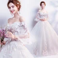 Champagne Wedding Dress Sweetheart Lace Flower Puff Sleeves Long Wedding Gowns