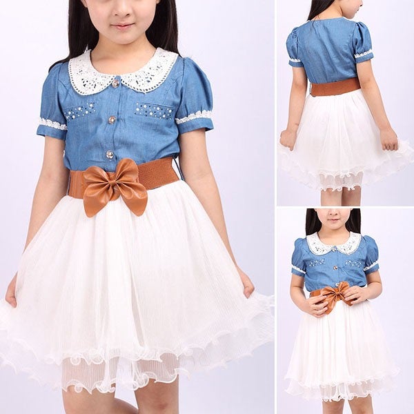 Hot Sale New Fashion Summer Girls Dress Denim Short Sleeve Princess Gauzy Skirt