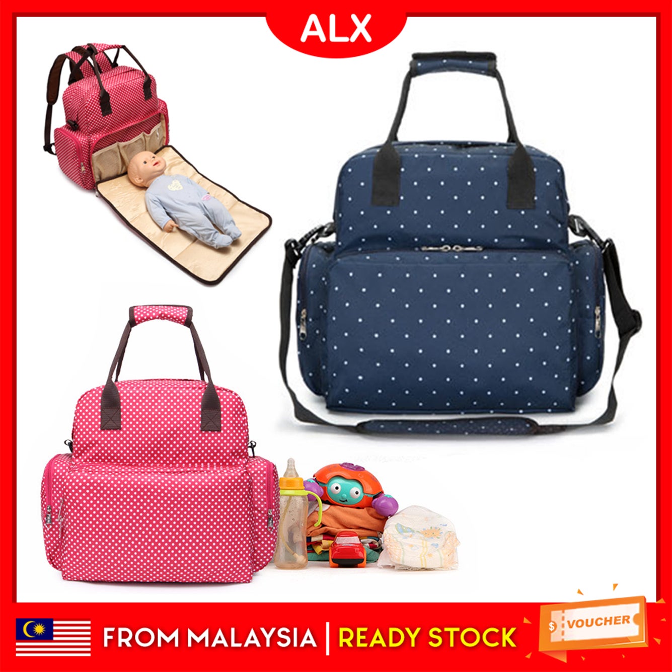 ALX [ WAREHOUSE SALES ] 2 in 1 Large Mummy Bag Diaper Backpack with Baby Carrier Nappy Mat Bags Begs Beg