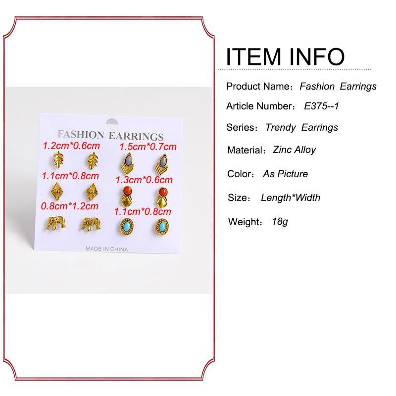 6Pair/Set Rhinestone Turquoise Earring Set Oval Jewelry Set