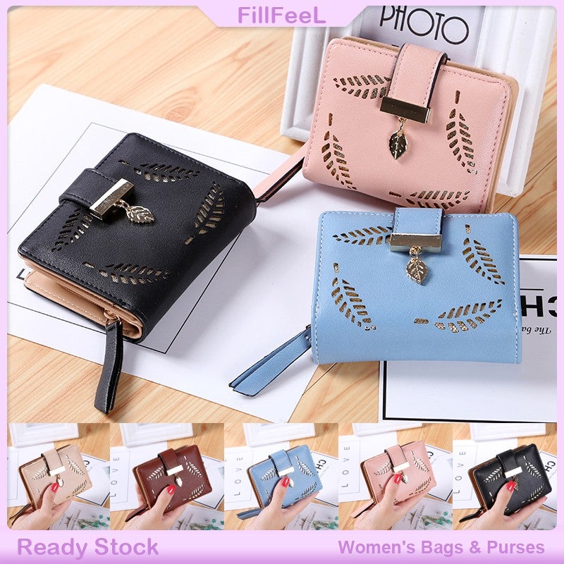 Lady Zip purses Women's short wallet Students handbag Leaves Hollow out Craft