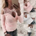 Women Cold Shoulder Lace Long Sleeve Tops O Neck Hollow Blouse T Shirt Tee