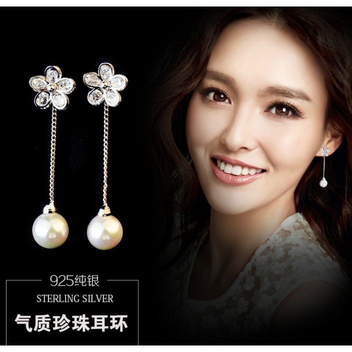 Pearl Earrings zircon Flower Earrings long earrings S925 Silver Earring earing