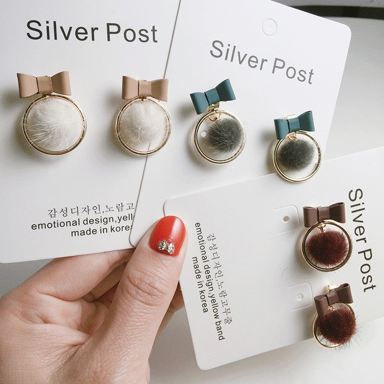 Sweet Mini Fur Ball Bowknot Pompom Earrings