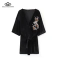 Bella women cotton embroidery velvet blouse three quarter sleeves belt kimono